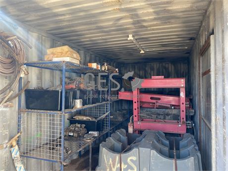 1998 20 Ft GP Container including Shelving, Drum Stands, Drill Rig Parts