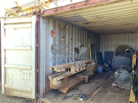 1986 20 Ft GP Container including L7 Drill Rig Track Frames, Panels & Parts