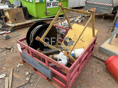 Various Crate of grease pump, parts and hose reel