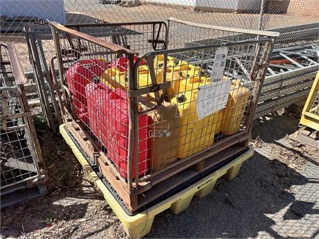 Various Drum spill bund with 9 Plastic fuel containers in pallet cage