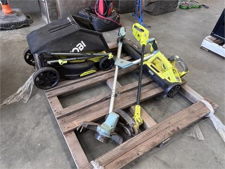 Ryobi 18 volt package: R18XLMW50 mower, blowers & whipper snipper no batteries