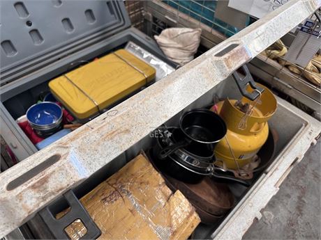 Cooking equipment inside 2 x approx 100 litre eskies