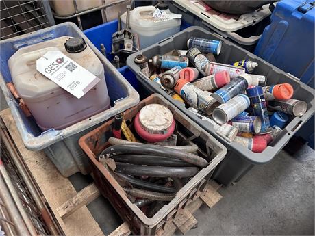Paint spray cans, cleaning liquids and misc item on pallet