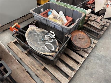 Camp cooking items and gas parts on pallet