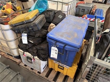 Package of camping items, first aid kits and eskies on pallet