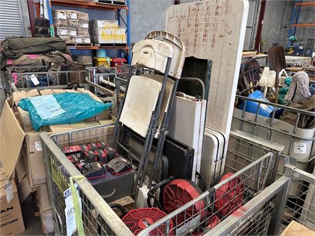 Folding tables & chairs x 12, rechargeable fans  x 10 with batteries